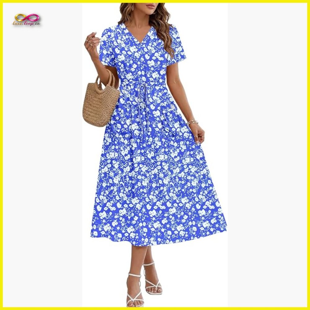 V-Neck Maxi Dress With Drawstring Waist And Pockets Casual Summer Boho Chic